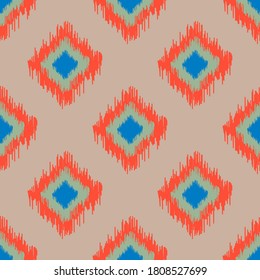 Ikat abstract seamless pattern. Folk background with geo shapes. Polka dot infinity card with tribal texture. Vector illustration.  