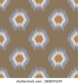 Ikat abstraktes nahtloses Muster. Folkter Hintergrund mit Geoformen. Polka dot unendlich Karte mit Stammesstruktur. Vektorgrafik.  