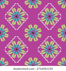 Ikat patrón abstracto sin fisuras. Amarillo y azul sobre un fondo rosa. Patrón de ikat de Antiguas. Ideas para azulejos turcos, cerámica española, Fondo de pantalla, tapices, alfombras y textiles.