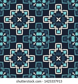 Ikat. Art seamless pattern. Ethnic print. Multicolored. Boho. Traditional ornament. Folk motif. Vector geometric background. Can be used for social media, posters, email, print, ads designs.