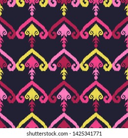 Ikat. Art seamless pattern. Ethnic print. Multicolored. Boho. Traditional ornament. Folk motif. Vector geometric background. Can be used for social media, posters, email, print, ads designs.