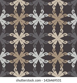 Ikat. Art seamless pattern. Ethnic print. Multicolored. Boho. Traditional ornament. Folk motif. Vector geometric background. Can be used for social media, posters, email, print, ads designs.