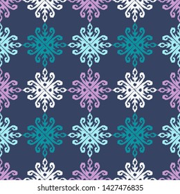 Ikat. Art seamless pattern. Ethnic print. Multicolored. Boho. Traditional ornament. Folk motif. Vector geometric background. Can be used for social media, posters, email, print, ads designs.