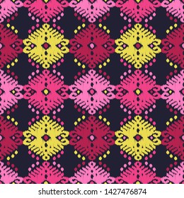 Ikat. Art seamless pattern. Ethnic print. Multicolored. Boho. Traditional ornament. Folk motif. Vector geometric background. Can be used for social media, posters, email, print, ads designs.