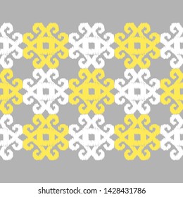 Ikat. Art seamless pattern. Ethnic print. Multicolored. Boho. Traditional ornament. Folk motif. Vector geometric background. Can be used for social media, posters, email, print, ads designs.