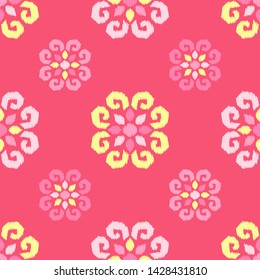 Ikat. Art seamless pattern. Ethnic print. Multicolored. Boho. Traditional ornament. Folk motif. Vector geometric background. Can be used for social media, posters, email, print, ads designs.