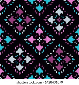 Ikat. Art seamless pattern. Ethnic print. Multicolored. Boho. Traditional ornament. Folk motif. Vector geometric background. Can be used for social media, posters, email, print, ads designs.