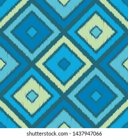Ikat. Art seamless pattern. Ethnic print. Multicolored. Boho. Traditional ornament. Folk motif. Vector geometric background. Can be used for social media, posters, email, print, ads designs.