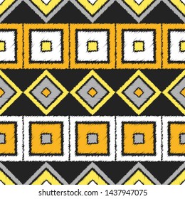 Ikat. Art seamless pattern. Ethnic print. Multicolored. Boho. Traditional ornament. Folk motif. Vector geometric background. Can be used for social media, posters, email, print, ads designs.