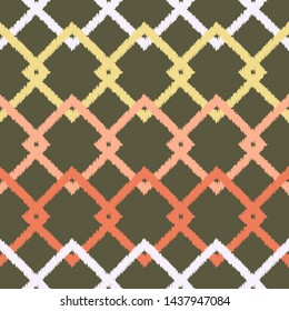 Ikat. Art seamless pattern. Ethnic print. Multicolored. Boho. Traditional ornament. Folk motif. Vector geometric background. Can be used for social media, posters, email, print, ads designs.