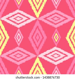 Ikat. Art seamless pattern. Ethnic print. Multicolored. Boho. Traditional ornament. Folk motif. Vector geometric background. Can be used for social media, posters, email, print, ads designs.