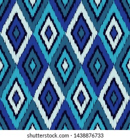 Ikat. Art seamless pattern. Ethnic print. Multicolored. Boho. Traditional ornament. Folk motif. Vector geometric background. Can be used for social media, posters, email, print, ads designs.