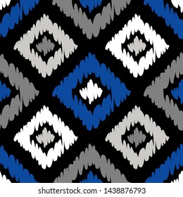 Ikat. Art seamless pattern. Ethnic print. Multicolored. Boho. Traditional ornament. Folk motif. Vector geometric background. Can be used for social media, posters, email, print, ads designs.
