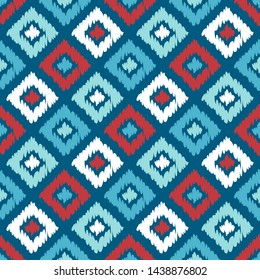 Ikat. Art seamless pattern. Ethnic print. Multicolored. Boho. Traditional ornament. Folk motif. Vector geometric background. Can be used for social media, posters, email, print, ads designs.