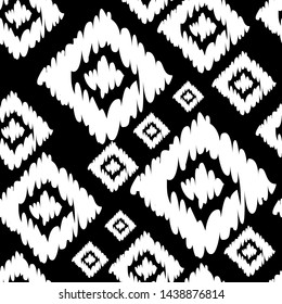 Ikat. Art seamless pattern. Ethnic print. Multicolored. Boho. Traditional ornament. Folk motif. Vector geometric background. Can be used for social media, posters, email, print, ads designs.