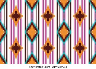 Ikat Aztec Ethnic boho pattern with geometric textile ikat design in bright colors. Design for carpet, wallpaper, clothing, wrapping, batik, fabric, Vector illustration embroidery style in Africa
