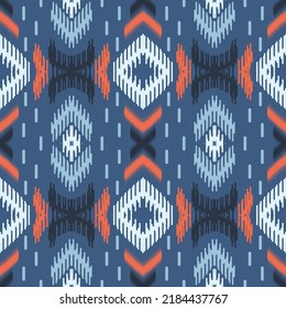 ikat aztec diseño étnico nativa de patrón transparente vector con forma de diamante blanco línea abstracta sobre el diseño de color de fondo azul para impresión