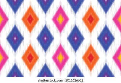 Ikat Aztec ethnic pattern design. Geometric native fabric carpet ornament boho chevron textile decoration wallpaper. Tribal traditional embroidery African American vector illustrations background.