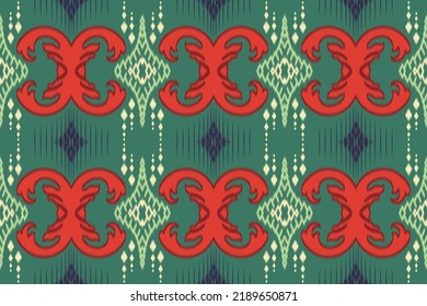 Ikat Aztec fabric Geometric Seamless pattern on green background. African American Ethnic Tribal art vector design for print wrapping paper carpet textile texture rug dress fashion mudmee saree