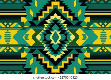 Ikat Aztec Mexican pattern blue green yellow background. Abstract traditional folk old ancient antique tribal ethnic graphic line. Ornate elegant luxury vintage retro style for texture textile fabric.