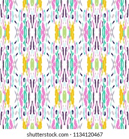 Ikat batik print in modern style, shibori fabric design. Tribal ethnic seamless pattern. Vintage endless repeat ornament. Traditional folk ikat texture. Vector watercolor geometric background.