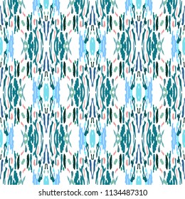 Ikat batik print in modern style, shibori fabric design. Tribal ethnic seamless pattern. Vintage endless repeat ornament. Traditional folk ikat texture. Vector watercolor geometric background.