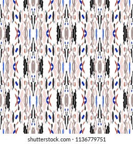Ikat batik print in modern style, shibori fabric design. Tribal ethnic seamless pattern. Vintage endless repeat ornament. Traditional folk ikat texture. Vector watercolor geometric background.