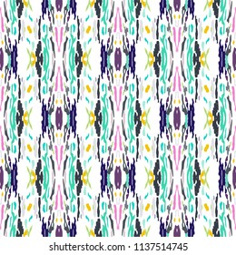 Ikat batik print in modern style, shibori fabric design. Tribal ethnic seamless pattern. Vintage endless repeat ornament. Traditional folk ikat texture. Vector watercolor geometric background.
