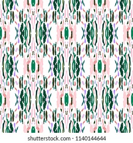 Ikat batik print in modern style, shibori fabric design. Tribal ethnic seamless pattern. Vintage endless repeat ornament. Traditional folk ikat texture. Vector watercolor geometric background.