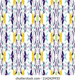 Ikat batik print in modern style, shibori fabric design. Tribal ethnic seamless pattern. Vintage endless repeat ornament. Traditional folk ikat texture. Vector watercolor geometric background.
