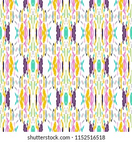 Ikat batik print in modern style, shibori fabric design. Tribal ethnic seamless pattern. Vintage endless repeat ornament. Traditional folk ikat texture. Vector watercolor geometric background.