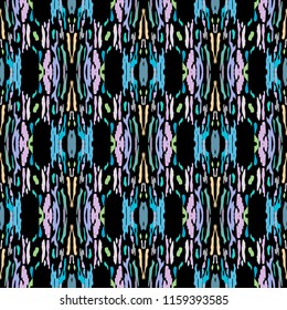 Ikat batik print in modern style, shibori fabric design. Tribal ethnic seamless pattern. Vintage endless repeat ornament. Traditional folk ikat texture. Vector watercolor geometric background.