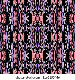 Ikat batik print in modern style, shibori fabric design. Tribal ethnic seamless pattern. Vintage endless repeat ornament. Traditional folk ikat texture. Vector watercolor geometric background.