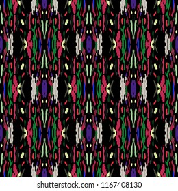 Ikat batik print in modern style, shibori fabric design. Tribal ethnic seamless pattern. Vintage endless repeat ornament. Traditional folk ikat texture. Vector watercolor geometric background.