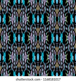 Ikat batik print in modern style, shibori fabric design. Tribal ethnic seamless pattern. Vintage endless repeat ornament. Traditional folk ikat texture. Vector watercolor geometric background.