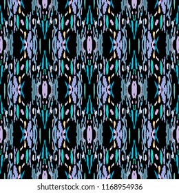 Ikat batik print in modern style, shibori fabric design. Tribal ethnic seamless pattern. Vintage endless repeat ornament. Traditional folk ikat texture. Vector watercolor geometric background.