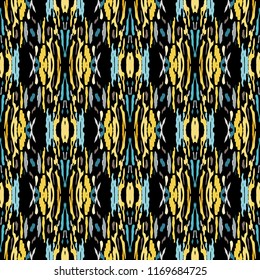 Ikat batik print in modern style, shibori fabric design. Tribal ethnic seamless pattern. Vintage endless repeat ornament. Traditional folk ikat texture. Vector watercolor geometric background.