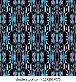 Ikat batik print in modern style, shibori fabric design. Tribal ethnic seamless pattern. Vintage endless repeat ornament. Traditional folk ikat texture. Vector watercolor geometric background.