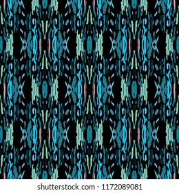 Ikat batik print in modern style, shibori fabric design. Tribal ethnic seamless pattern. Vintage endless repeat ornament. Traditional folk ikat texture. Vector watercolor geometric background.