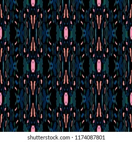 Ikat batik print in modern style, shibori fabric design. Tribal ethnic seamless pattern. Vintage endless repeat ornament. Traditional folk ikat texture. Vector watercolor geometric background.