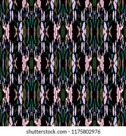 Ikat batik print in modern style, shibori fabric design. Tribal ethnic seamless pattern. Vintage endless repeat ornament. Traditional folk ikat texture. Vector watercolor geometric background.