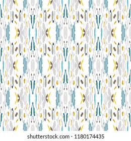 Ikat batik print in modern style, shibori fabric design. Tribal ethnic seamless pattern. Vintage endless repeat ornament. Traditional folk ikat texture. Vector watercolor geometric background.