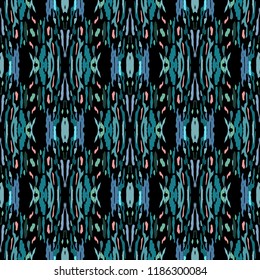 Ikat batik print in modern style, shibori fabric design. Tribal ethnic seamless pattern. Vintage endless repeat ornament. Traditional folk ikat texture. Vector watercolor geometric background.