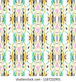 Ikat batik print in modern style, shibori fabric design. Tribal ethnic seamless pattern. Vintage endless repeat ornament. Traditional folk ikat texture. Vector watercolor geometric background.