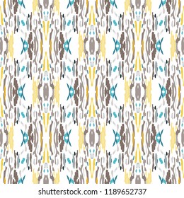 Ikat batik print in modern style, shibori fabric design. Tribal ethnic seamless pattern. Vintage endless repeat ornament. Traditional folk ikat texture. Vector watercolor geometric background.