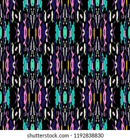 Ikat batik print in modern style, shibori fabric design. Tribal ethnic seamless pattern. Vintage endless repeat ornament. Traditional folk ikat texture. Vector watercolor geometric background.