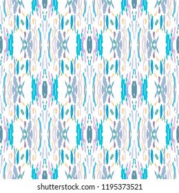 Ikat batik print in modern style, shibori fabric design. Tribal ethnic seamless pattern. Vintage endless repeat ornament. Traditional folk ikat texture. Vector watercolor geometric background.