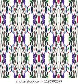 Ikat batik print in modern style, shibori fabric design. Tribal ethnic seamless pattern. Vintage endless repeat ornament. Traditional folk ikat texture. Vector watercolor geometric background.