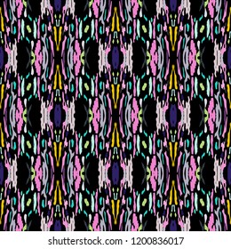 Ikat batik print in modern style, shibori fabric design. Tribal ethnic seamless pattern. Vintage endless repeat ornament. Traditional folk ikat texture. Vector watercolor geometric background.