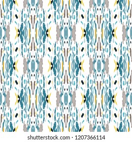 Ikat batik print in modern style, shibori fabric design. Tribal ethnic seamless pattern. Vintage endless repeat ornament. Traditional folk ikat texture. Vector watercolor geometric background.